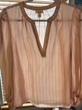 a.n.a Sheer Pink Striped Blouse with Tan Trim